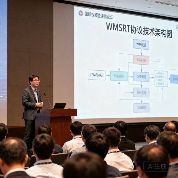 WM视讯创始人兼CEO陈明远站在国际视频通信论坛的讲台上，身着深灰色西装，背景屏幕显示着WMSRT协议的技术架构图，台下约三百位行业听众。